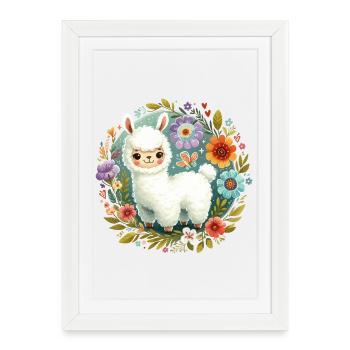 Floral avec un petit lama - Affiche encadrée (27 × 37 cm) - blanc - Devant