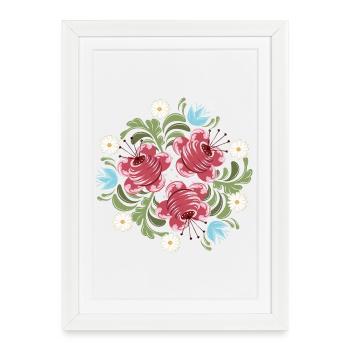 Roses avec des fleurs – Motif inspiré de la peinture paysanne - Affiche encadrée (27 × 37 cm) - blanc - Devant