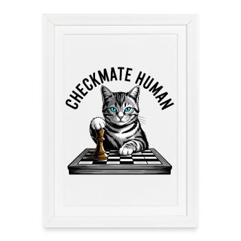 Échec et mat Humain Chat des échecs - Affiche encadrée (27 × 37 cm) - blanc - Devant