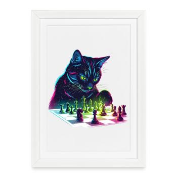 Motif d'échecs chat noir néon - Affiche encadrée (27 × 37 cm) - blanc - Devant