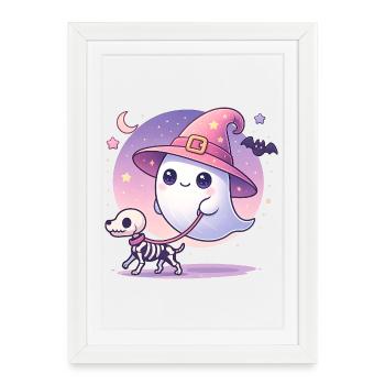 Fantôme de sorcière rose avec chien squelette – Halloween - Affiche encadrée (27 × 37 cm) - blanc - Devant