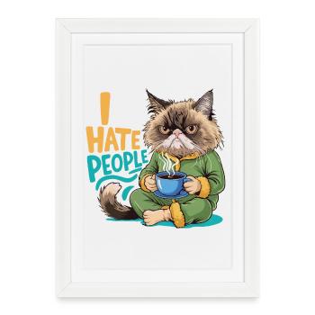 Chat Café Matin Grouch Drôle Introverti - Affiche encadrée (27 × 37 cm) - blanc - Devant
