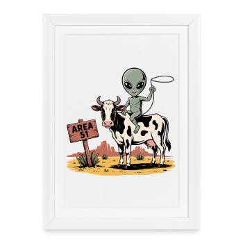 Drôle de zone 51 extraterrestre OVNI Vache à cheval - Affiche encadrée (27 × 37 cm) - blanc - Devant