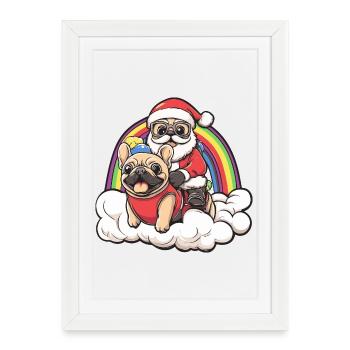 Chien Buldog français Père Noël - Affiche encadrée (27 × 37 cm) - blanc - Devant