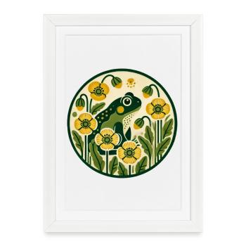 Grenouille verte dans le jardin jaune de pavots - Affiche encadrée (27 × 37 cm) - blanc - Devant
