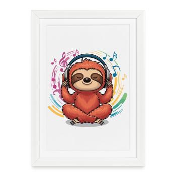 Paresseux détendu avec écouteurs, yoga musical - Affiche encadrée (27 × 37 cm) - blanc - Devant