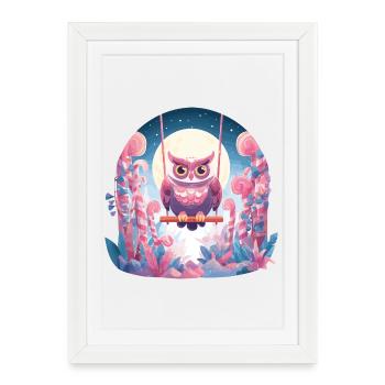Un hibou nocturne se balançant dans la forêt enchantée - Affiche encadrée (27 × 37 cm) - blanc - Devant