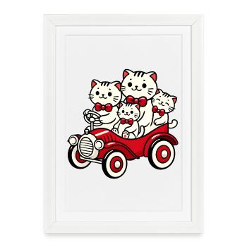 Voiture rouge avec nœud papillon de la famille Cat - Affiche encadrée (27 × 37 cm) - blanc - Devant