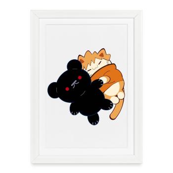 Design anime : chat rouge mignon avec un ours en peluche - Affiche encadrée (27 × 37 cm) - blanc - Devant