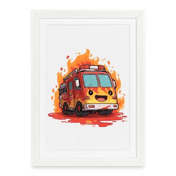 Kawaii Fire Truck Flames - Framed poster (27 × 37 cm) - white - Front