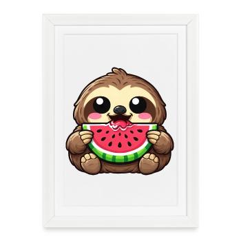 Dessin animé mignon de paresseux Kawaii Été de pastèque - Affiche encadrée (27 × 37 cm) - blanc - Devant