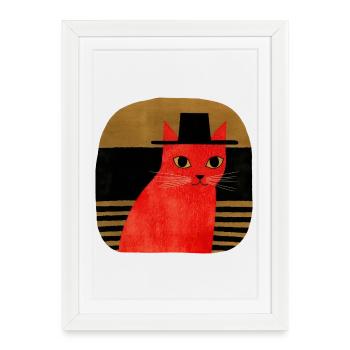 Rote Katze mit Hut Retro Art - Gerahmtes Poster (27 × 37 cm) - Weiß - Vorne