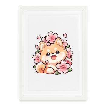 Shiba Inu mignons et fleurs de cerisier – Dog Sakura du Japon - Affiche encadrée (27 × 37 cm) - blanc - Devant