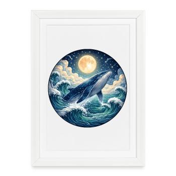Illustration de la baleine bleue sous la pleine lune - Affiche encadrée (27 × 37 cm) - blanc - Devant