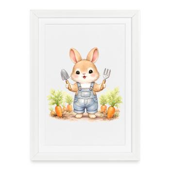 Un joli lapin dans le parterre de carottes - Affiche encadrée (27 × 37 cm) - blanc - Devant