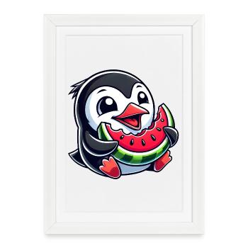 Pingouin avec pastèque fruit d’été - Affiche encadrée (27 × 37 cm) - blanc - Devant