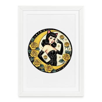 Pin-up Chat-girl et Roses au clair de lune - Affiche encadrée (27 × 37 cm) - blanc - Devant