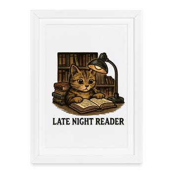 Chat lit de nuit sur l’étagère - Affiche encadrée (27 × 37 cm) - blanc - Devant