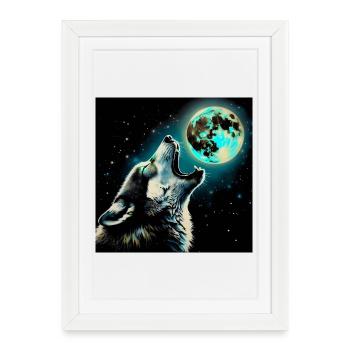 Le loup hurle à la pleine lune - Affiche encadrée (27 × 37 cm) - blanc - Devant