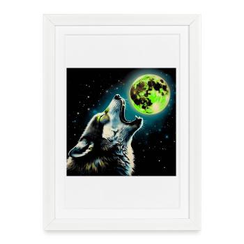 Le loup hurle à la pleine lune - Affiche encadrée (27 × 37 cm) - blanc - Devant
