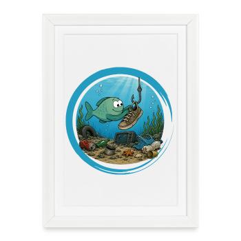Fish cleans up the sea | Funny environmental motif - Framed poster (27 × 37 cm) - white - Front