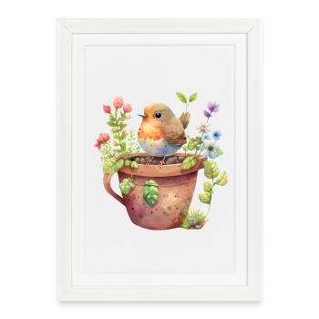 Watercolor Robin in Pot Garden - Framed poster (27 × 37 cm) - white - Front