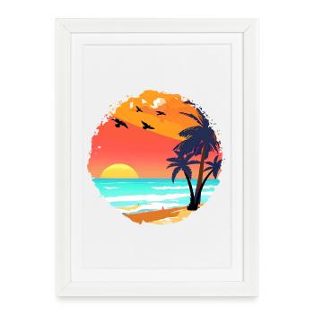 Aquarelle de plage de coucher de soleil d’été - Affiche encadrée (27 × 37 cm) - blanc - Devant