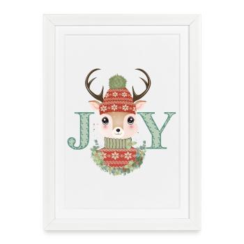 cerf mignon avec pull et bonnet pompon Joy - Affiche encadrée (27 × 37 cm) - blanc - Devant