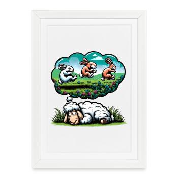 Les moutons comptent les lapins – Humour drôle sur le sommeil - Affiche encadrée (27 × 37 cm) - blanc - Devant