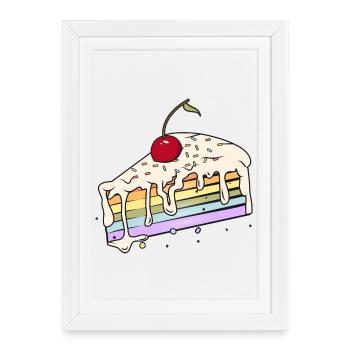 Morceau de gâteau arc-en-ciel avec cerise dans le style bande dessinée - Affiche encadrée (27 × 37 cm) - blanc - Devant