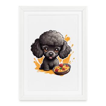 Caniche noir avec une nourriture délicieuse - Affiche encadrée (27 × 37 cm) - blanc - Devant