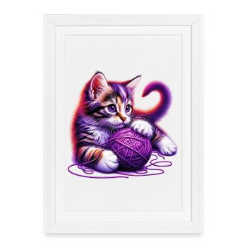 Le chat joue avec une pelote de laine - Affiche encadrée (27 × 37 cm) - blanc - Devant