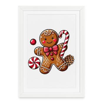 Cheerful gingerbread man with candy cane - Framed poster (27 × 37 cm) - white - Front