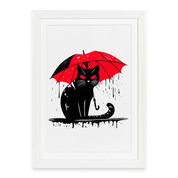 Cat with umbrella – bad weather - Framed poster (27 × 37 cm) - white - Front