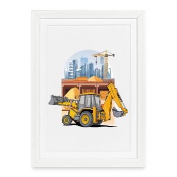 Backhoe Loader, Tractor Loader on Construction Site - Framed poster (27 × 37 cm) - white - Front