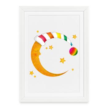 Sleeping Moon with Colorful Sleepy Cap and Stars - Framed poster (27 × 37 cm) - white - Front