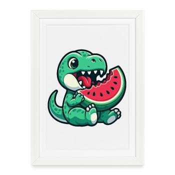 Dino T-Rex avec plaisir aux fruits d’été à la pastèque - Affiche encadrée (27 × 37 cm) - blanc - Devant