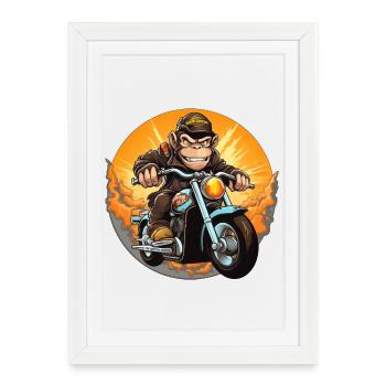 Singe Moto / Motard Singe - Affiche encadrée (27 × 37 cm) - blanc - Devant