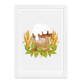 Chope à bière rustique aspect bois avec houblon et malt - Affiche encadrée (27 × 37 cm) - blanc - Devant