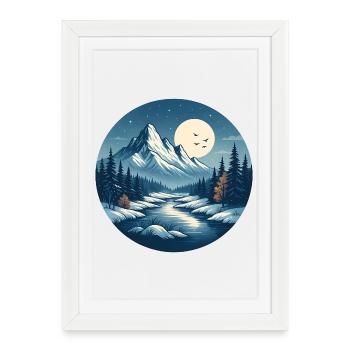 Mountainous nightscape with river - Framed poster (27 × 37 cm) - white - Front