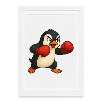 Cool Pingouin Boxer Dessin animé Kickboxer Arts Martiaux - Affiche encadrée (27 × 37 cm) - blanc - Devant