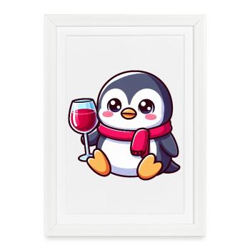 pingouin mignon avec du vin rouge amateur de vin dessin animé - Affiche encadrée (27 × 37 cm) - blanc - Devant
