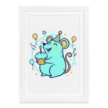 Rat festif avec gâteau et chapeau de fête - Affiche encadrée (27 × 37 cm) - blanc - Devant
