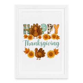 Joyeux Thanksgiving avec de la dinde et des tournesols - Affiche encadrée (27 × 37 cm) - blanc - Devant