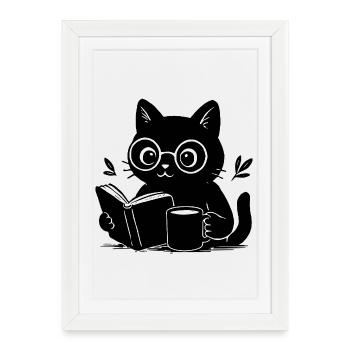 Livre Chat Café Amateur de Livre Lecture Chat - Affiche encadrée (27 × 37 cm) - blanc - Devant