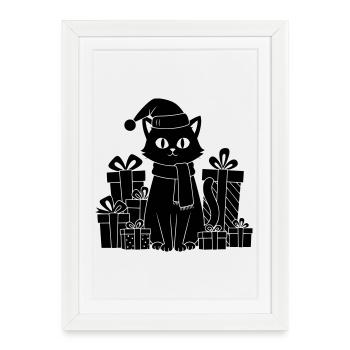 Chat de Noël entre les cadeaux - Affiche encadrée (27 × 37 cm) - blanc - Devant
