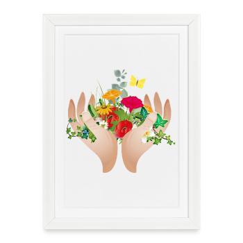 Deux mains protectrices tenant de nombreuses fleurs - Affiche encadrée (27 × 37 cm) - blanc - Devant