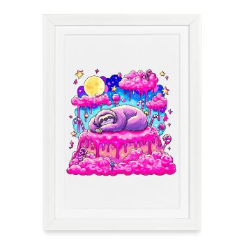 Paresseux Pourpre Dormeur sur Gâteau Rose - Affiche encadrée (27 × 37 cm) - blanc - Devant