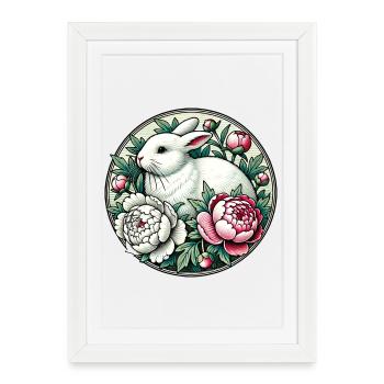 Lapin blanc dans un cercle floral de pivoines - Affiche encadrée (27 × 37 cm) - blanc - Devant