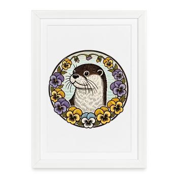 Otter in Floral Circle - Framed poster (27 × 37 cm) - white - Front